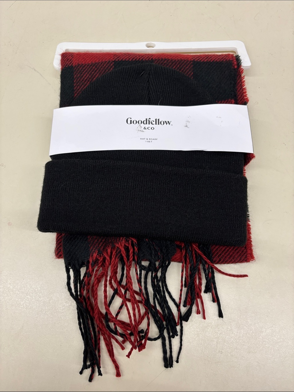 NWT Goodfellow & Co Black Beanie with Red and Black Plaid Scarf